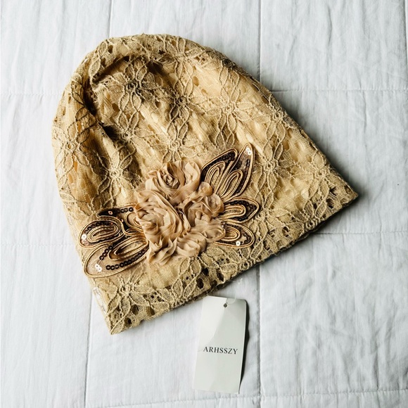 NWT Lace Khaki Sequins Embroidered Slouchy Beanie - Picture 2 of 5